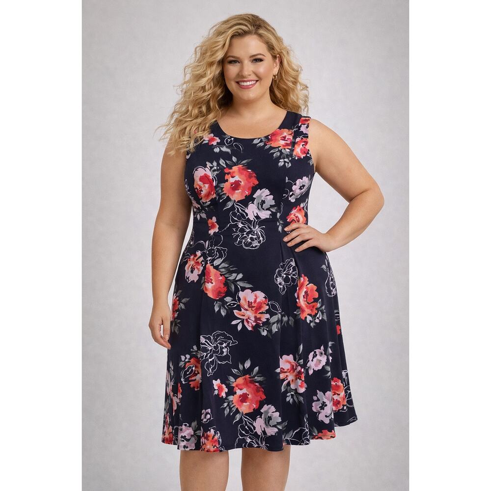 Jessica Howard 16W Navy Floral Fit & Flare Dress | Stretch Lined
